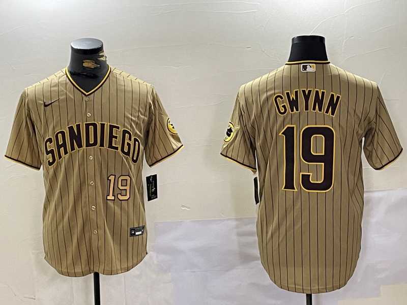 Mens San Diego Padres #19 Tony Gwynn Khaki Team Logo Cool Base Jerseys